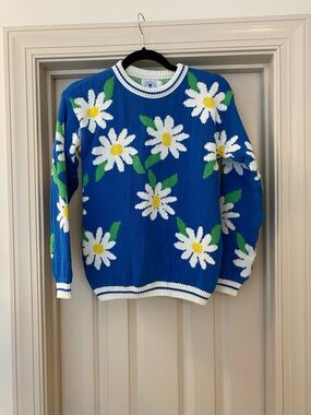 Hartstrings USA Made Blue Daisy Knit Sweater with White Trim